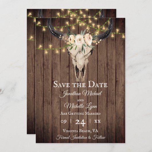 Rustikaler Boho Skull and Lights on Wood Wedding Save The Date (Vorne/Hinten)