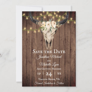 Rustikaler Boho Skull and Lights on Wood Wedding Save The Date