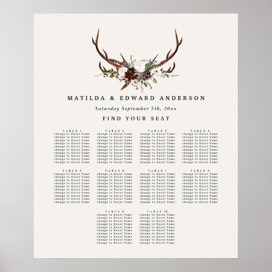 Rustikaler botanischer Hochzeitsplan Poster (Vorne)