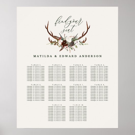 Rustikaler botanischer Hochzeitsplan Poster (Vorne)