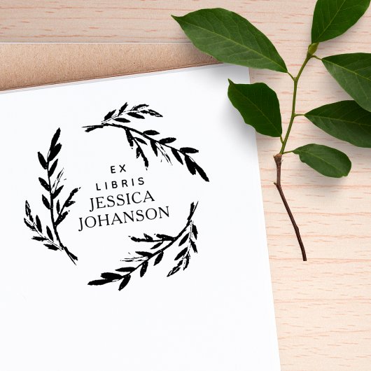 Rustikaler botanischer Kranz, individuelles Ex Lib Gummistempel