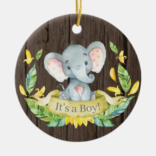 Rustikaler Boy Elephant Babydusche gelb Keramik Ornament (Vorne)