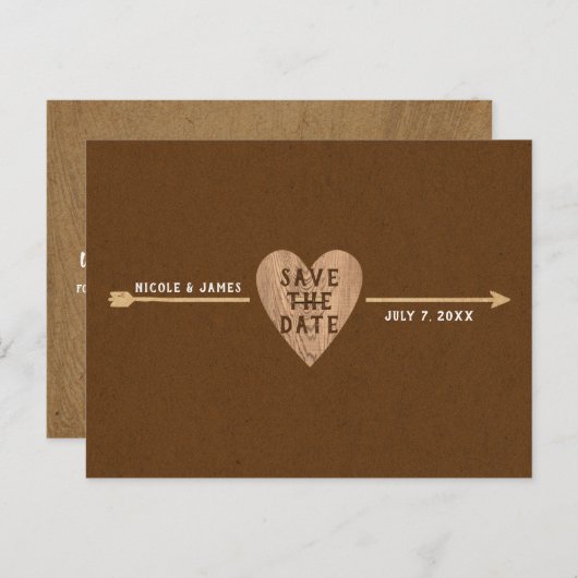 Rustikaler brauner Kraft-Herz-Arrow Save the Date Ankündigungspostkarte (Vorne/Hinten)