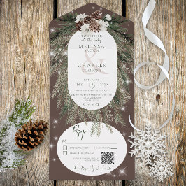 Rustikaler Brauner Pine Winter Sparkle QR All In One Einladung