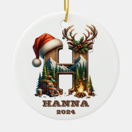 Rustikaler Buchstabe H mit festlicher Bergszene Keramik Ornament