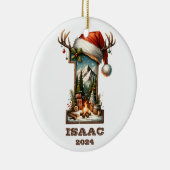 Rustikaler Buchstabe I mit Weihnachtsmannmütze und Keramik Ornament (Rechts)