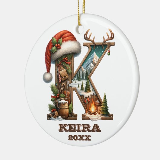 Rustikaler Buchstabe 'K' mit Weihnachtsgeschmack Keramik Ornament (Links)