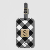 Rustikaler Buffalo Kariert Monogram Name Schwarz-w Gepäckanhänger (Vorderseite Vertikal)