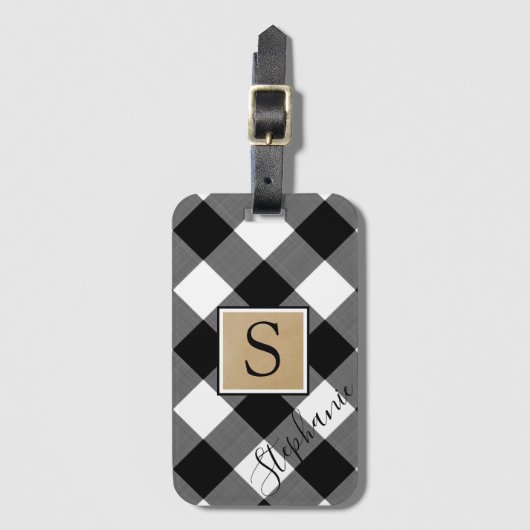 Rustikaler Buffalo Kariert Monogram Name Schwarz-w Gepäckanhänger (Vorderseite Vertikal)