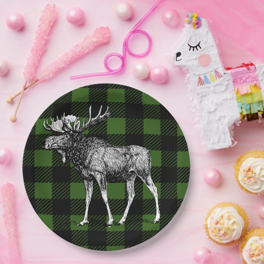 Rustikaler Büffel-Karo kariert u. Elche Pappteller (Party)