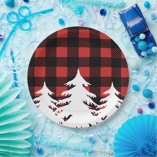 Rustikaler Büffel-Karo-karierte u. weiße Bäume des Pappteller (Party)