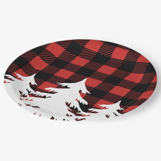 Rustikaler Büffel-Karo-karierte u. weiße Bäume des Pappteller (Schrägansicht)