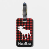 Rustikaler Büffel-Karo-karierte u. weiße Elche Gepäckanhänger (Rückseite vertikal)