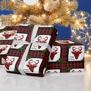 Rustikaler Büffel-Karo Stag Hirschkopf Weihnachten Geschenkpapier