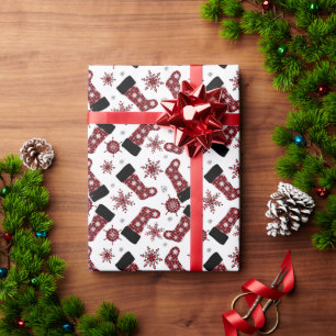 Rustikaler Büffel-Karo-Strumpf-Schneeflocken-Weihn Geschenkpapier