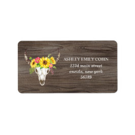 Rustikaler Bullenschädel aus dunklem Holz mit Sonn Adressaufkleber