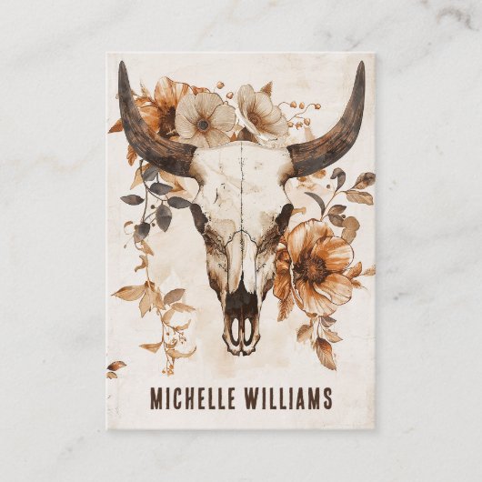 Rustikaler Bullkuhschädel und Blume Boho Western Visitenkarte (Vorderseite)