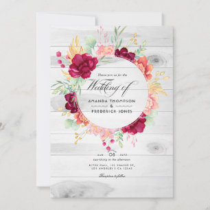 Rustikaler Burgund-Blush-Floral QR-Code Hochzeit Einladung