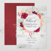 Rustikaler Burgund-Blush-Floral QR-Code Hochzeit Einladung (Vorne/Hinten)