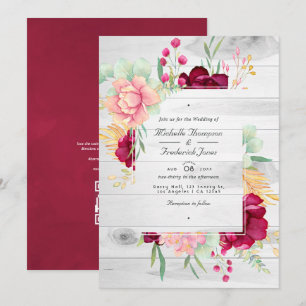 Rustikaler Burgund-Blush-Floral QR-Code Hochzeit Einladung