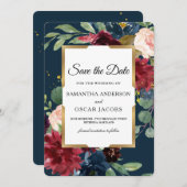 Rustikaler Burgund- und Navy-Floral-Gold-Rahmen Save The Date (Vorne/Hinten)