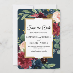 Rustikaler Burgund- und Navy-Floral-Gold-Rahmen Save The Date