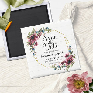 Rustikaler Burgunder Blumen Hochzeit Save The Date Magnet