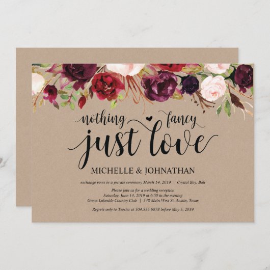 Rustikaler Burgunder Blumenfreund Empfang lädt ein Einladung (Vorne/Hinten)
