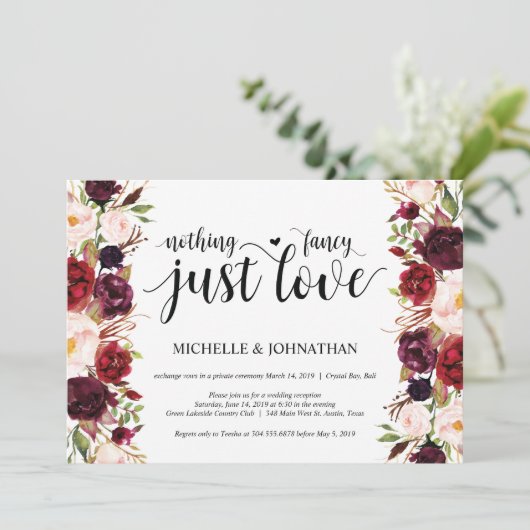 Rustikaler Burgunder Blumenfreund Empfang lädt ein Einladung (Stehend Vorderseite)