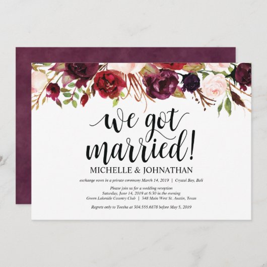 Rustikaler Burgunder Blumenfreund Empfang lädt ein Einladung (Vorne/Hinten)