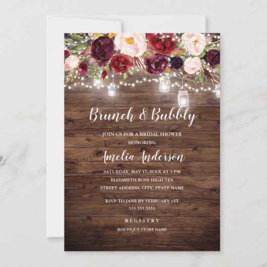 Rustikaler Burgunder Blumenstrauß und Bubbly Einladung (Vorderseite)