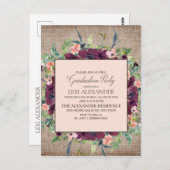 Rustikaler Burgunder Pink Bloral Burlap Abschluss Postkarte (Vorne/Hinten)