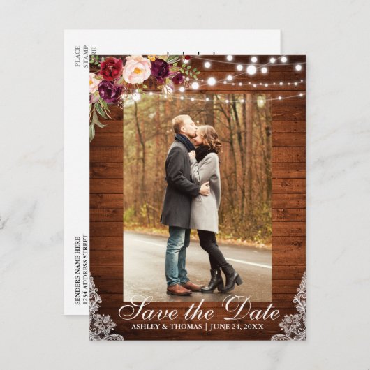 Rustikaler Burgunder, Save the Date Hintergrundtex Ankündigungspostkarte (Vorne/Hinten)