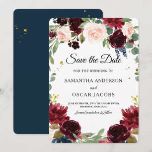 Rustikaler Burgunderrot Navy Blau & Rote Blumen Ra Save The Date