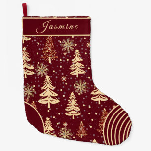 Rustikaler burgunderroter und goldener Weihnachtss Großer Weihnachtsstrumpf