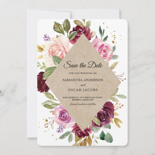 Rustikaler Burgundy Kraft farbiger Blumenrahmen Save The Date (Vorderseite)