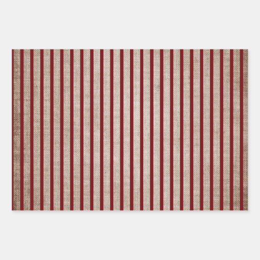 Rustikaler Burlap Burgundy Polka Dots Streifen fes Geschenkpapier Set (Vorderseite 3)