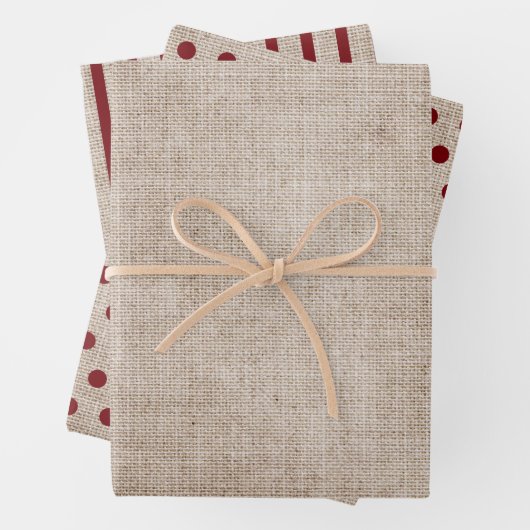 Rustikaler Burlap Burgundy Polka Dots Streifen fes Geschenkpapier Set (Beispiel)
