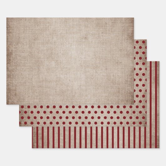 Rustikaler Burlap Burgundy Polka Dots Streifen fes Geschenkpapier Set (Set)