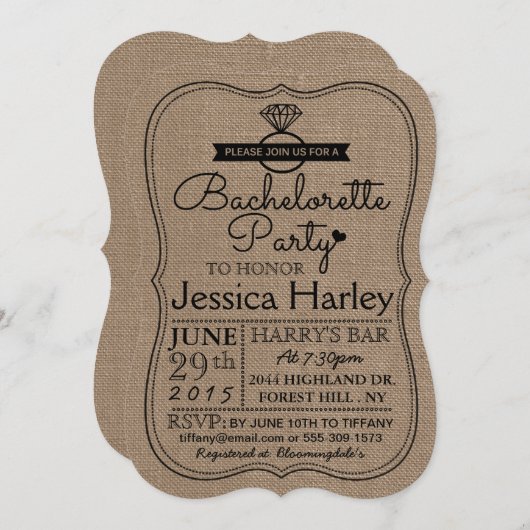 Rustikaler Burlap-Junggeselinnen-Abschied Einladung (Vorne/Hinten)
