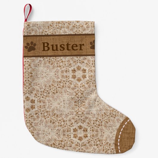 Rustikaler Burlap & Lace Snowflake Personalisiert Kleiner Weihnachtsstrumpf (Vorderseite)