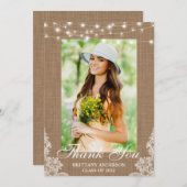 Rustikaler Burlap Lace String Lights Foto Abschlus Dankeskarte (Vorne/Hinten)