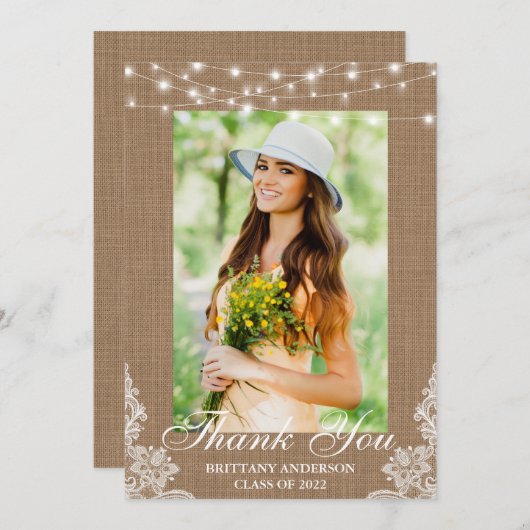 Rustikaler Burlap Lace String Lights Foto Abschlus Dankeskarte (Vorne/Hinten)
