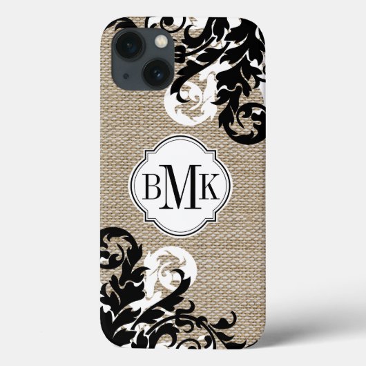 Rustikaler Burlap-Look und Blüh Monogram Case-Mate iPhone Hülle (Rückseite)