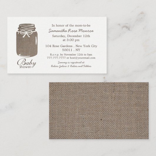 Rustikaler Burlap, Mason Jar Baby Shower Ticket Ei Begleitkarte (Vorne/Hinten)
