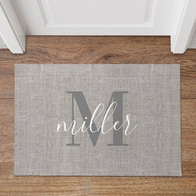 Rustikaler Burlap Mit Monogramm Familienname Doorm Fußmatte (Von Creator hochgeladen)