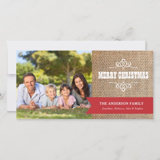 Rustikaler Burlap mit Red Banner Foto Weihnachten (Vorderseite)