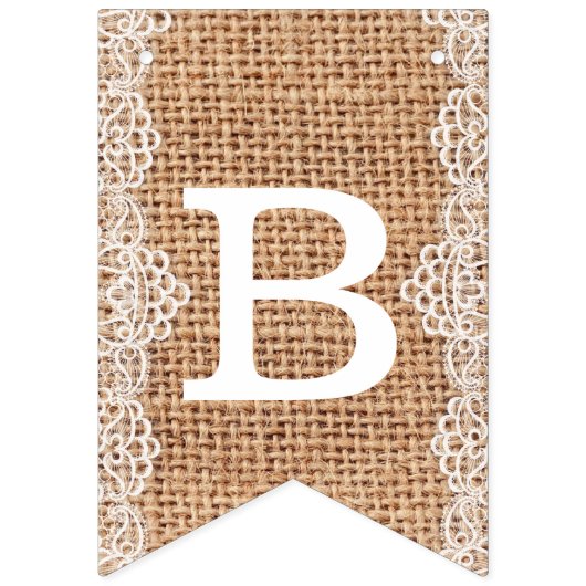 Rustikaler Burlap Sack mit weißer Spitze. Brautpar Wimpelkette (Zweite Fahne)