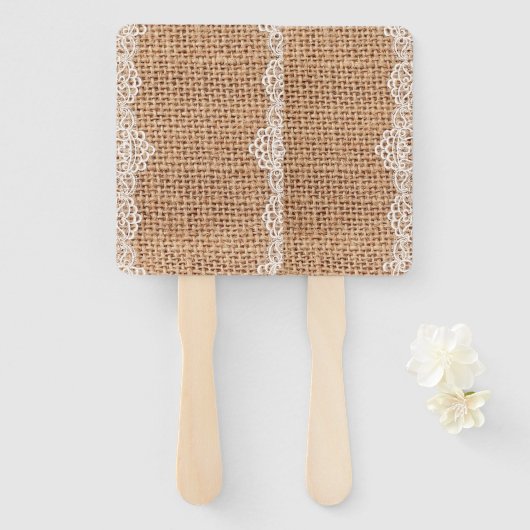 Rustikaler Burlap Sack mit weißer Spitze. Fächer (Vorne und Hinten)