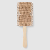 Rustikaler Burlap Sack mit weißer Spitze. Fächer (Rückseite)